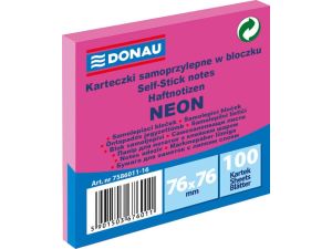 Bloczek samoprzylepny DONAU, 76x76mm, 1x100 kart., neon, różowy