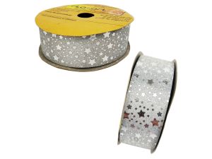 PLASTIKOWA WSTĄŻKA BROKAT W GWIAZDKĘ 3CMX25Y SREBR