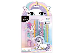 ZESTAW OŁÓWEK KREDKI I GUMKI 9 ELEM UNICORN KIDEA