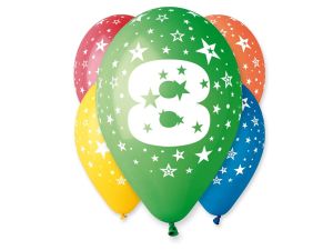 BALON 12 Z NADRUKIEM "8" PASTEL MIX  / 5 SZT GODAN