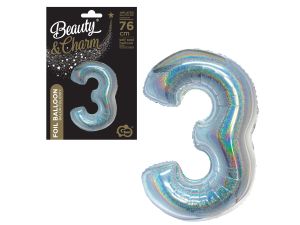 BALON FOLIOWY B&C "CYFRA 3" HOLOGRAF. SREBRNA 76CM