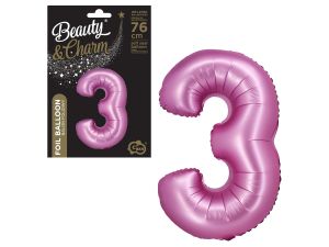 BALON FOLIOWY B&C "CYFRA 3" SATYNOWA RÓŻOWA 76CM