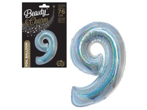 BALON FOLIOWY B&C "CYFRA 9" HOLOGRAF. SREBRNA 76CM