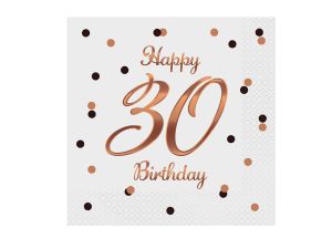SERWETKI B&C 30 BIRTHDAY BIAŁE Z NAD. RÓŻO- ZŁOTYM