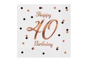 SERWETKI B&C 40 BIRTHDAY BIAŁE Z NAD. RÓŻO- ZŁOTYM