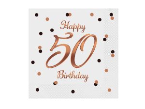 SERWETKI B&C 50 BIRTHDAY BIAŁE Z NAD. RÓŻO- ZŁOTYM