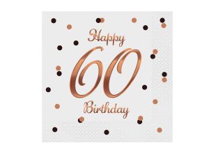 SERWETKI B&C 60 BIRTHDAY BIAŁE Z NAD. RÓŻO- ZŁOTYM