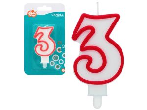 ŚWIECZKA CYFERKA "3"  CZERWONY KONTUR  7CM GODAN