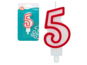 ŚWIECZKA CYFERKA "5"  CZERWONY KONTUR  7CM GODAN