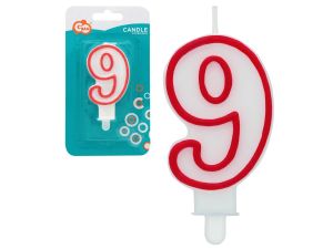 ŚWIECZKA CYFERKA "9"  CZERWONY KONTUR  7CM GODAN