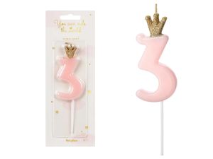 ŚWIECZKA UR CYFERKA 3 JASNY RÓŻOWY 9,5CM PARTYDECO