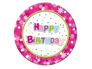 TALERZYKI PAPIEROWE HAPPY BIRTHDAY RÓŻOWE 18 CM 6 